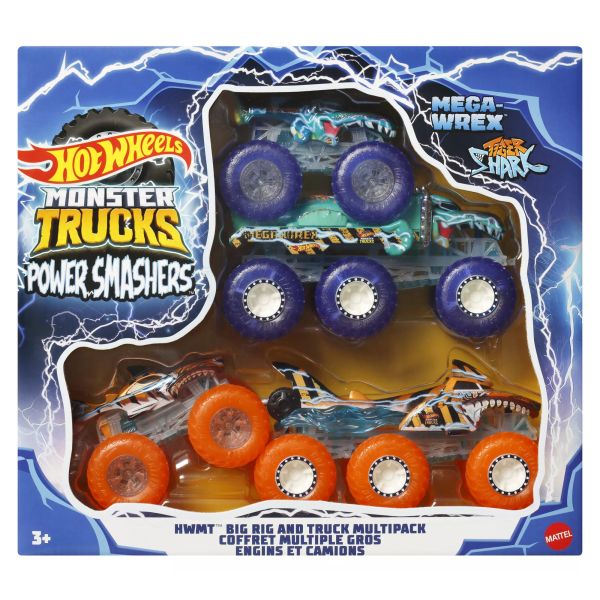 Hot Wheels: Monster Trucks Power Smasher hatkerekű vontató szörnyjárgány és kisautó szett - 4 db-os