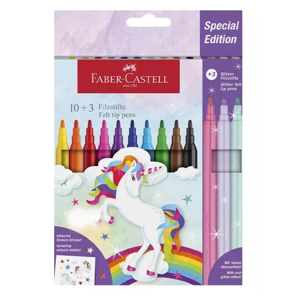 Faber-Castell: Σετ μαρκαδόρων μονόκερου με αστραφτερό αυτοκόλλητο - 10 + 3 τεμ.