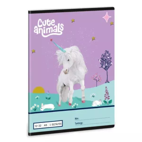 Cute Animals: Unikornis mintás vonalas füzet - 3. osztályos, A5