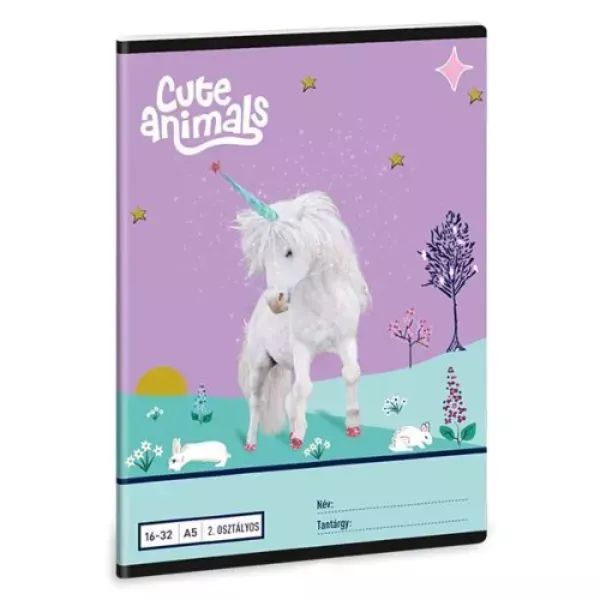 Cute Animals: Unikornis mintás vonalas füzet - 2. osztályos, A5