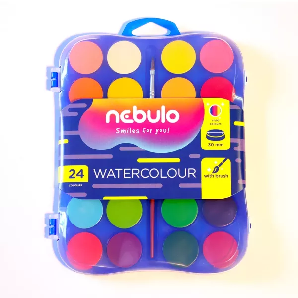 Nebulo: Set di acquerelli con pennello - 30 mm, 24 colori