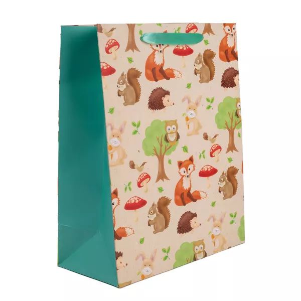 Erdei állat- és gomba mintás ajádéktasak - 18 x 23