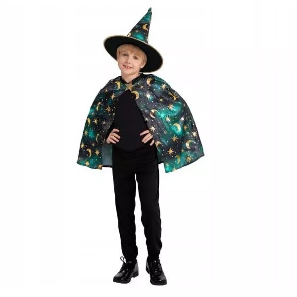 Zöld varázsló jelmez - köpeny, kalap, 110/120 cm