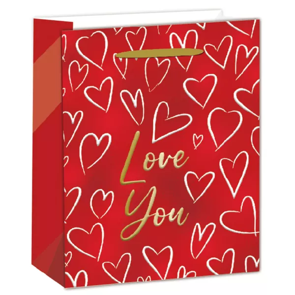 Bolsa de regalo roja con corazones dorados - 18 x 23 cm