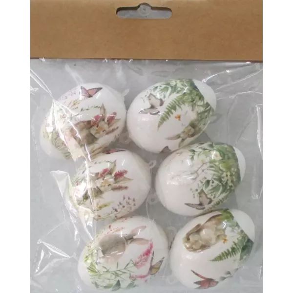 Nyuszi és virág mintás dekorációs tojás - fehér, 6 darabos