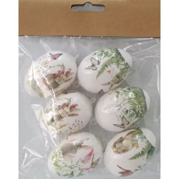 Ovos decorativos com coelho e flores - brancos, pacote de 6
