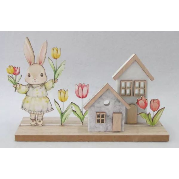 Dekorációs fa házikó nyúl figurával és tulipánnal