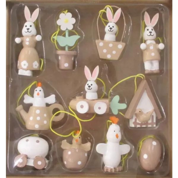 Nyuszis díszek fából - felakasztható, natúr, 11 darabos