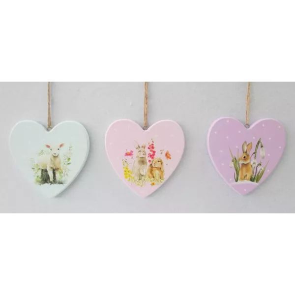 Szív alakú nyuszis dísz fából - felakasztható, többféle, 10 cm