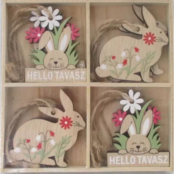 Helló tavasz! fa nyuszis dísz - felakasztható, 8 darabos