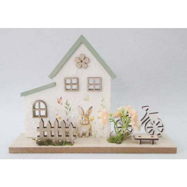 Dekorációs fa házikó nyúl figurával - 24 x 17 cm