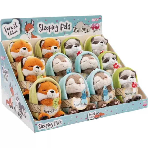 Nici : Peluches d’animaux de la forêt endormis dans un panier - 12 cm, modèles assortis
