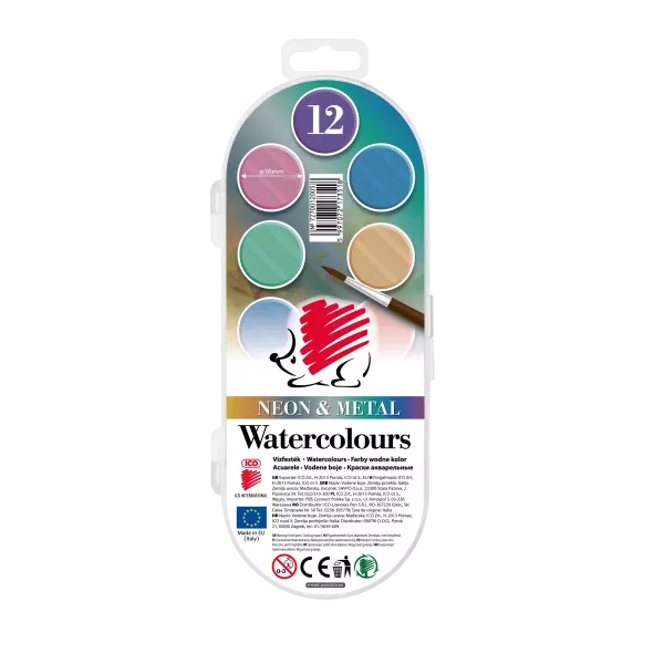 ICO Erizo: acuarelas 12 uds, pastillas 30 mm, colores neón y metalizados