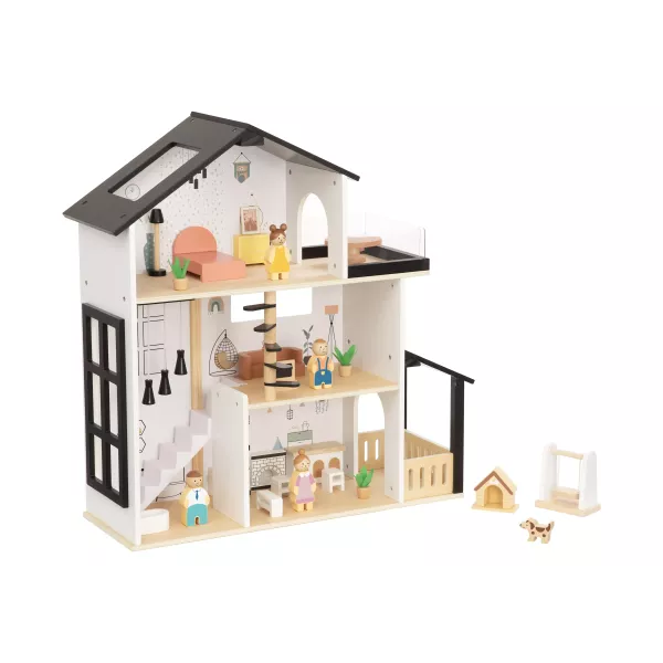 Maison de poupée en bois à étages avec terrasse