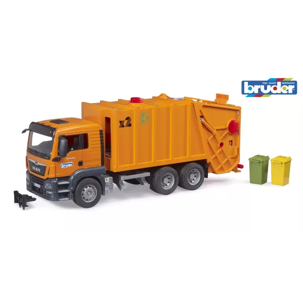 Bruder MAN TGS taganttäituv prügiauto 2 prügikastiga – 64 cm