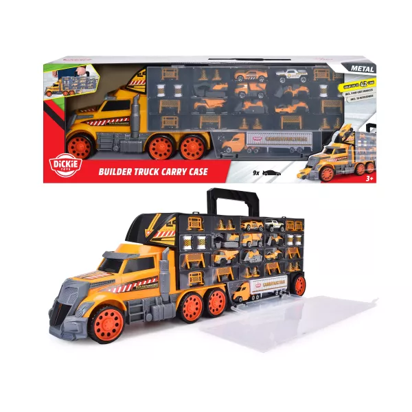 Dickie: Kæmpe autotransporter lastbil med 9 små biler - 62 cm, sort-orange