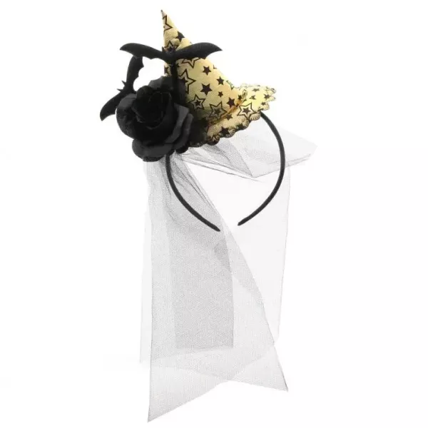 Diadema de Halloween con velo y murciélago, color dorado, talla única