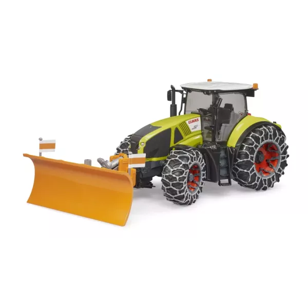 Trator Bruder Claas Axion 950 com correntes de neve e lâmina dianteira