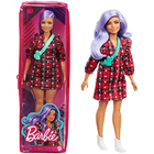 Barbie Fashionistas: Lila hajú molett Barbie csillagos ruhában, cipzáras tartóban