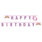 Ghirlandă cu inscripție Happy Birthday și model unicorn și curcubeu - 200 cm