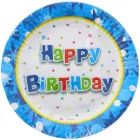 Sada 6 kartonových talířů s nápisem Happy Birthday - modré