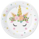 Zestaw 6 talerzy papierowych z wzorem jednorożca i kwiatów - 18 cm