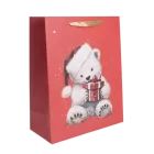 Sacola de presente brilhante com estampa de urso e alça de fita - 26 x 32 cm