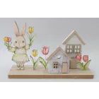 Dekorációs fa házikó nyúl figurával és tulipánnal