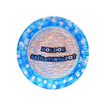 Boldog Születésnapot kék hologramos 23 cm-es tányér - 6 db