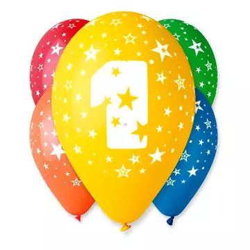 Set de 5 ballons colorés avec le chiffre 1.