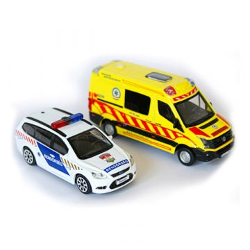 Bburago: madžarska reševalna ekipa - Reševalno vozilo Volkswagen Crafter in policijski avto Ford Focus, 1:50 - .slika