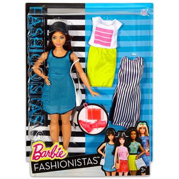 Barbie Fashionistas: lutka s polnejšo postavo v modri obleki in beli torbici - .slika
