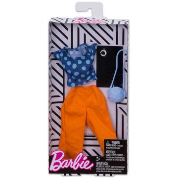 Barbie: Ujemajoča oblačila - Modra bluza s pikami, oranžne hlače in torbica - .slika