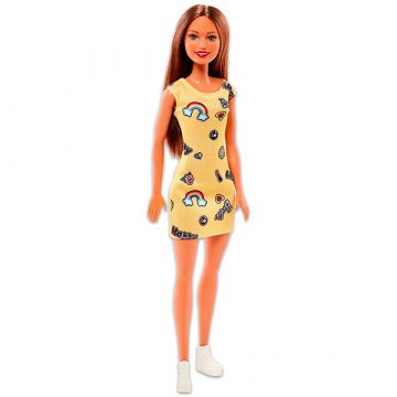 Barbie: Barna hajú vékony Barbie baba sárga ruhában
