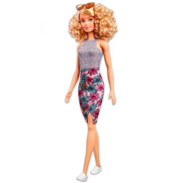 Barbie Fashionistas: szőke, göndör hajú baba virágos szoknyában 
