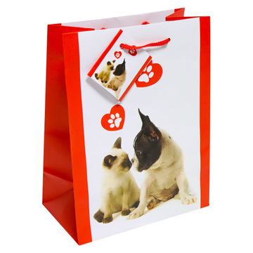 Cica és kutya mintás ajándékzacskó - piros, 26 x 32 cm