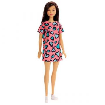 Barbie: barna hajú baba rózsaszín alapon kék szívecskés ruhában  - . kép