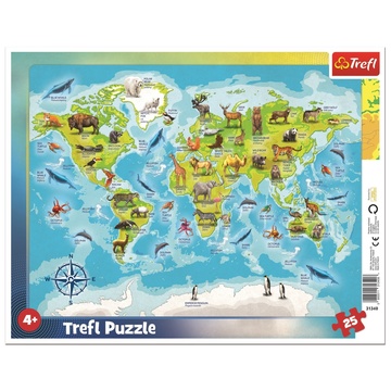 Trefl: Világtérkép állatokkal 25 darabos keretes puzzle