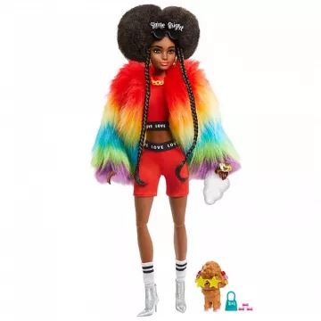 Barbie Extra: Ekstravagantna afroameriška lutka v mavričnem plašču s pudljem - .slika