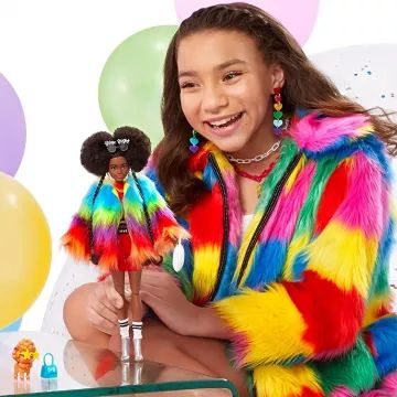 Barbie Extra: Ekstravagantna afroameriška lutka v mavričnem plašču s pudljem - .slika