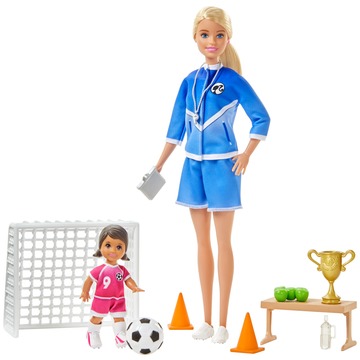 Barbie: Sportos játékszett - szőke hajú fociedző Barbie