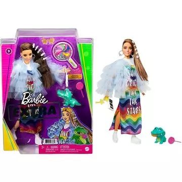 Barbie Fashionistas: Extravagáns barna hajú baba szivárványos ruhában - . kép