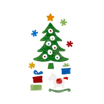Karácsonyfa hintalóval és ajándékokkal zselés ablakdísz szett