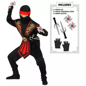 Traje de Ninja Guerreiro Vermelho com Armas - 158 cm - .Imagem