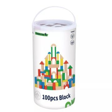 Tooky Toy: Set cuburi din lemn colorate într-o găleată - 100 buc. - .foto