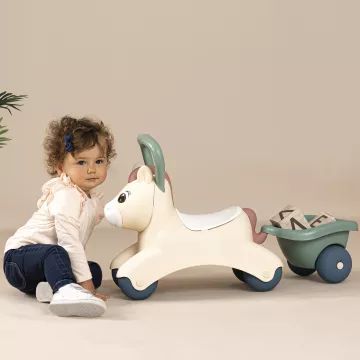 Little Smoby: poniju bērnu braucamais ar piekabi un rotaļlietu glabātuvi zem sēdekļa – bēšs-zaļš - .attēls