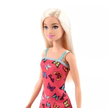 Barbie: Lutka s plavimi lasmi v roza obleki z vzorcem metuljev - .slika