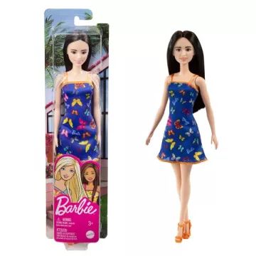 Barbie: Lutka s črnimi lasmi v modri obleki z vzorcem metuljev - .slika