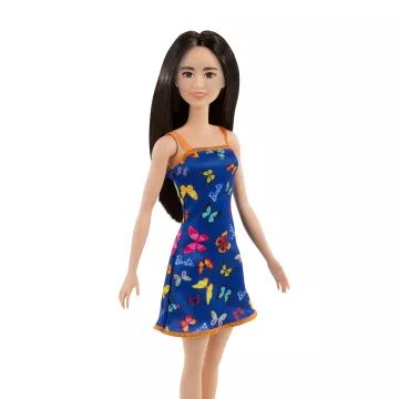 Barbie: Lutka s črnimi lasmi v modri obleki z vzorcem metuljev - .slika