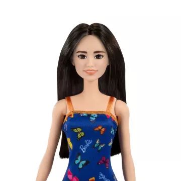Barbie: Lutka s črnimi lasmi v modri obleki z vzorcem metuljev - .slika